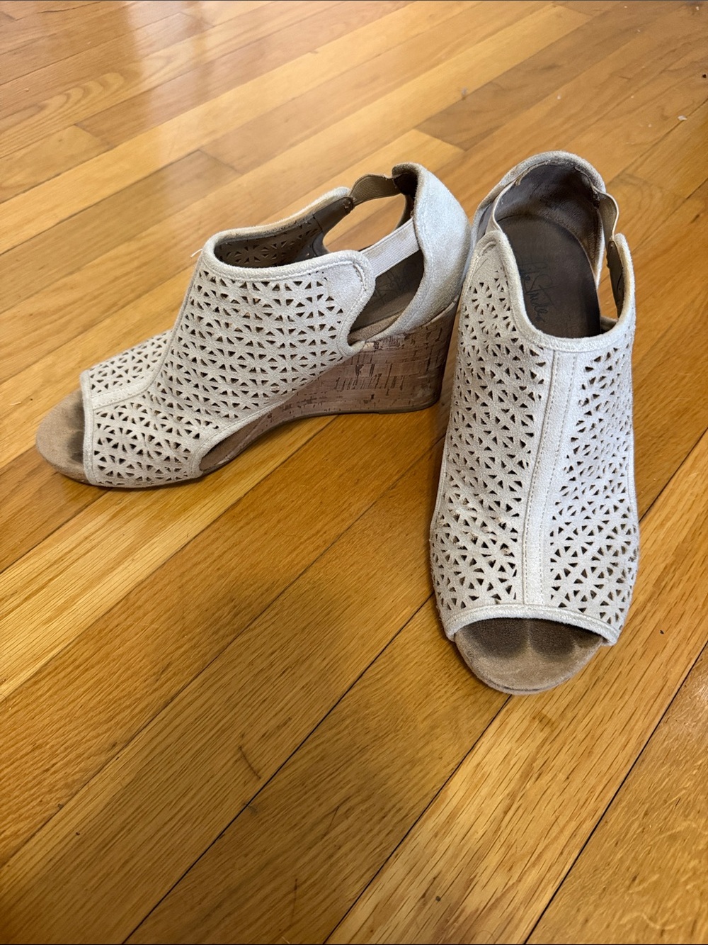 Life Stride Taupe Laser-Cut Peep-Toe Wedge Sandals